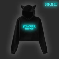 stranger thing luminous korean hoodie womens sweatshirts crop winter tops female pink cat ear spring autumn pink black clothing