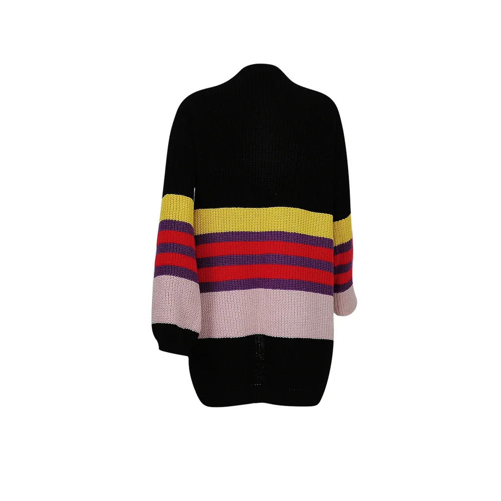 

Color Block Striped Patchwork Cardigan Jacket Women Long Sleeve Warm Thicken Knitted Coat Spring Auutmn Female Sweater 2021 Hot
