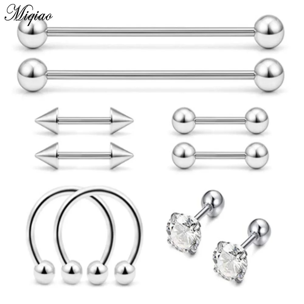 

Miqiao 10 Pcs/set Stainless Steel Tongue Eyebrow Belly Nose Ring Multi Function Mix Styles Lip Earrings Body Piercing Jewelry