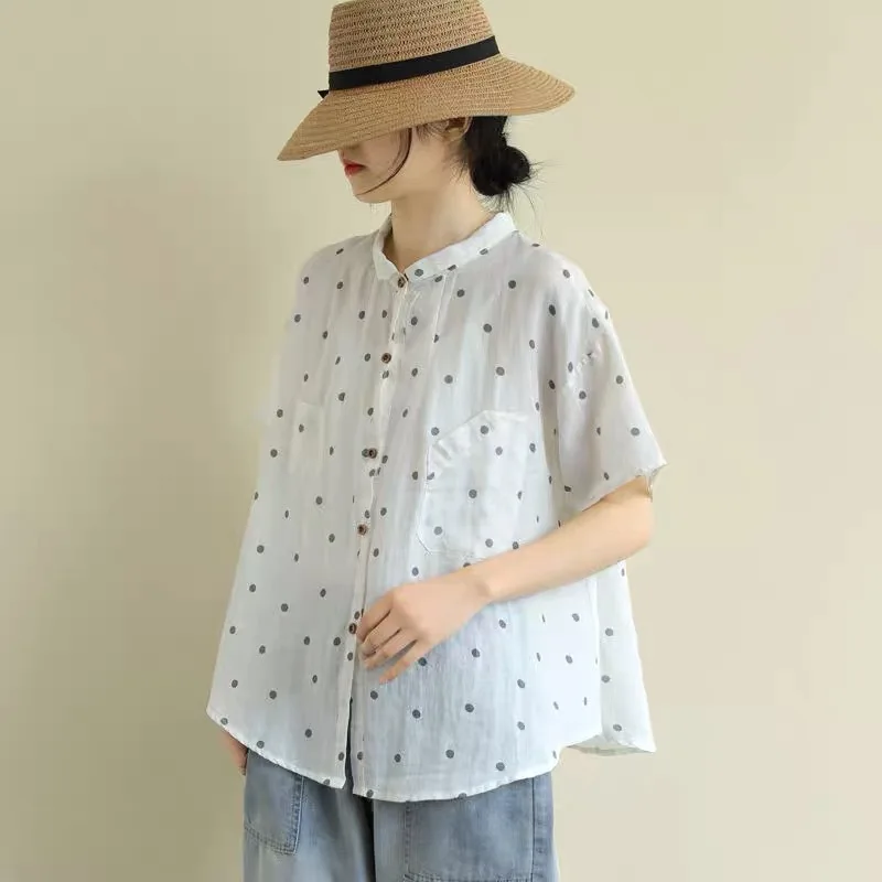 

2021 Cotton Linen Shirt Plus Size Women Retro Polka Dot Print Women Short Sleeve 2021 Summer Loose Korean Casual Button Up Top