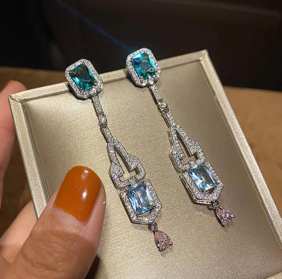 

Full zircon geometric colored pendant earrings elegant irregular show pink gorgeous women vintage ear jewelry