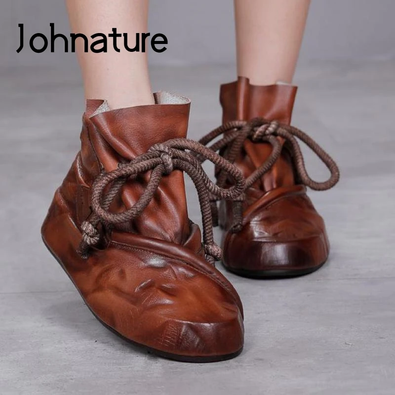 Johnature/женские ботильоны из натуральной кожи Женская обувь на шнуровке с круглым