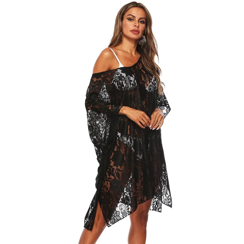 

New sexy oversize black Lace Beach Dress Tunic Bikini Cover ups Swimsuit Swimwear see through Beach Dress Robe De Plage