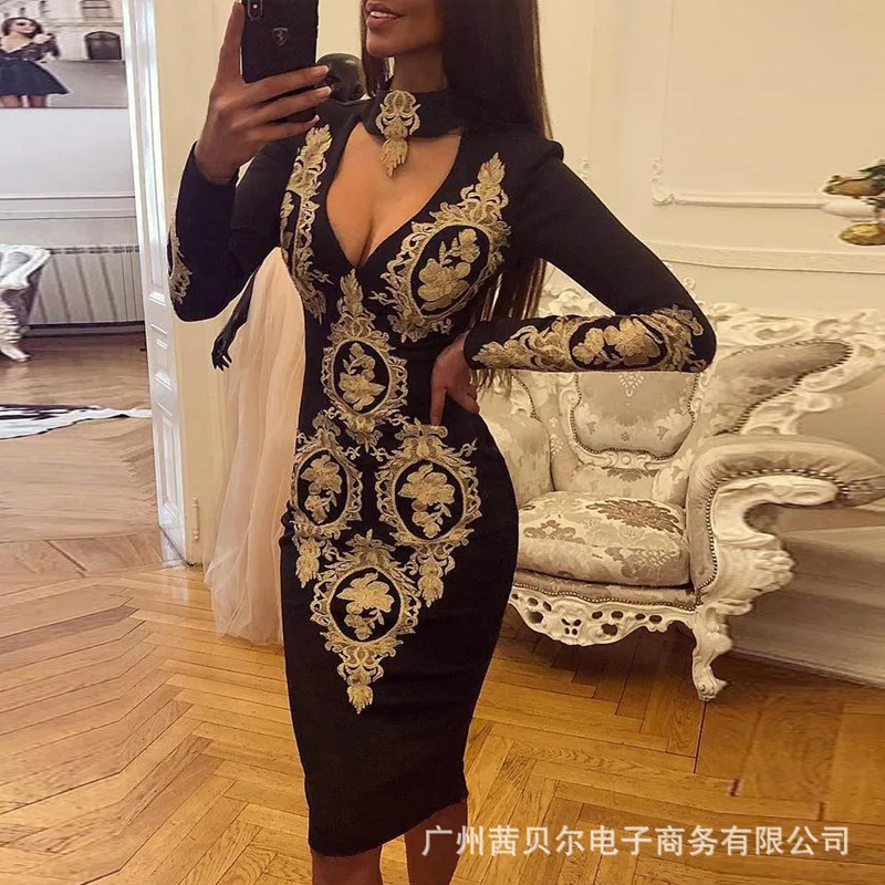

WEPBEL Women Sheath Knee Length Dress New Lace Decorative Halter Neck Deep V Tight Dress