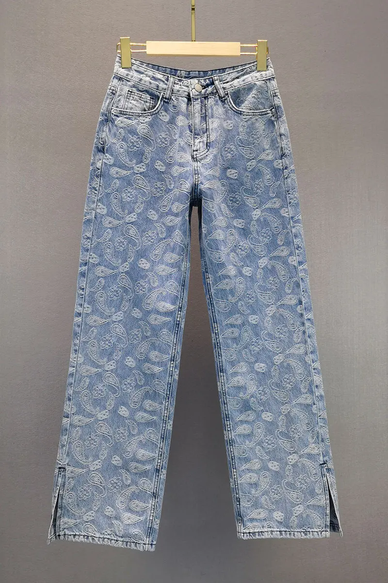 

Loose Trousers Split Jeans for Women 2021 Spring New High Waist Slimming Embroidered Large Size Loose Wide Leg Denim Pants
