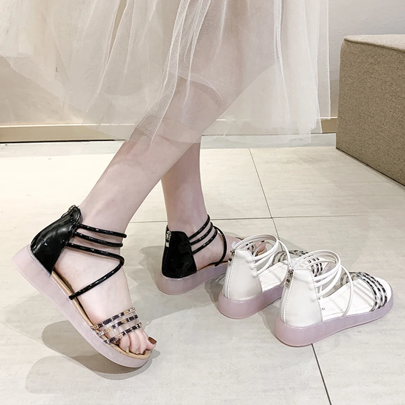 

All-Match Flat Sandal Shoe Open Toe Suit Female Beige Summer Heels 2021 Women's Without Peep Gladiator Black Retro Girls Comfort