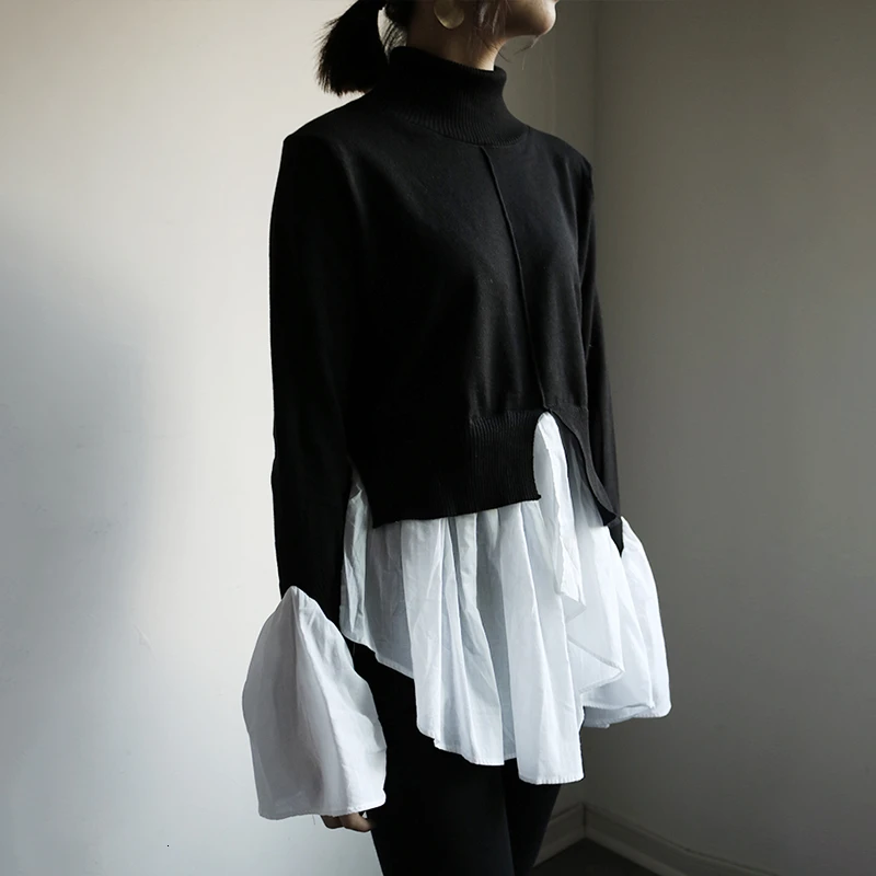 TWOTWINSTYLE хит цветной лоскутный женский свитер водолазка с расклешенными рукавами