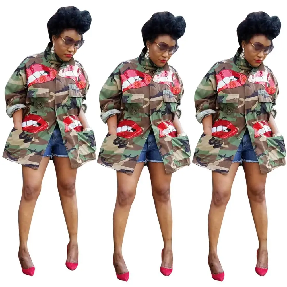 

Autumn casual camouflage lip print ladies coat fashion loose lapel long sleeve shirt