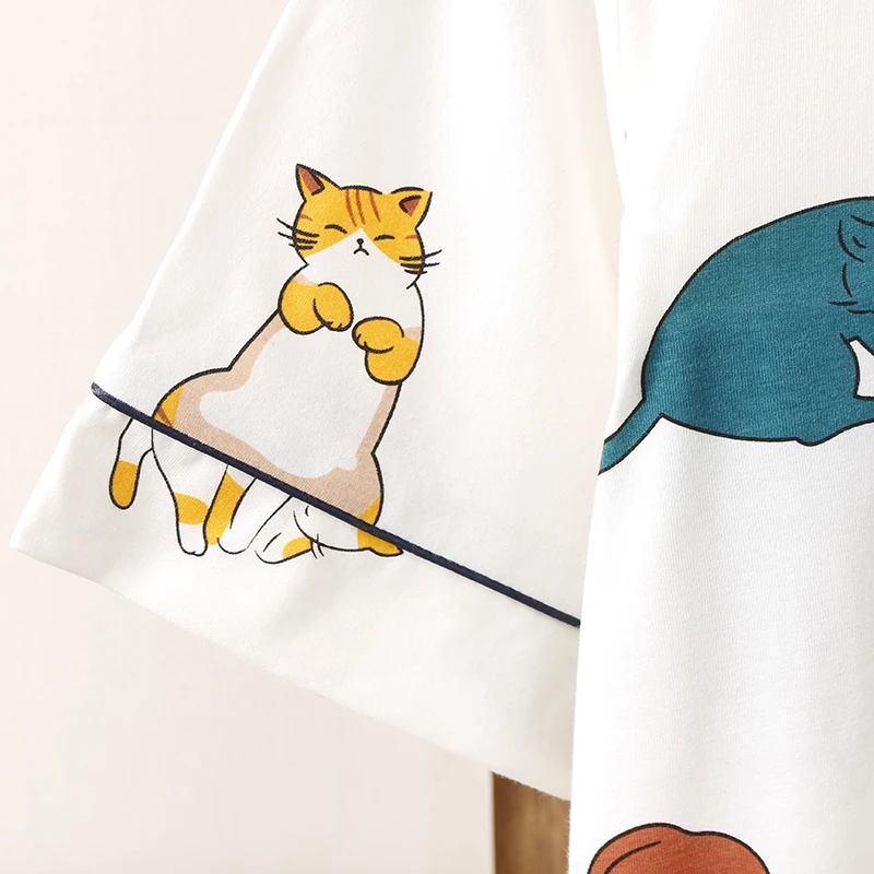CAIYIER Summer Women Cotton Pajamas Sets Cute White Cat Print Short Sleeve Sleepwear With Eye Mask Girls Nightwear Lovely Homewe