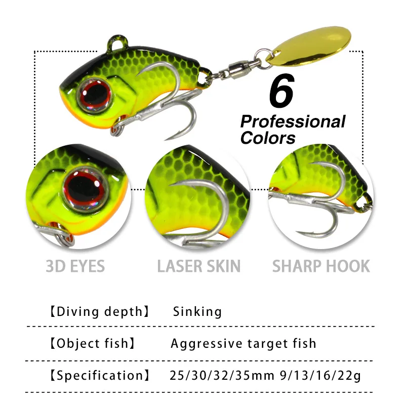 1PCS Rotating Metal VIB 9g/13g/16g/22g Wobbler Fishing Lure Sequins Tail Spinner Sinking Baits Spoon Crankbait  Fishing Tackle