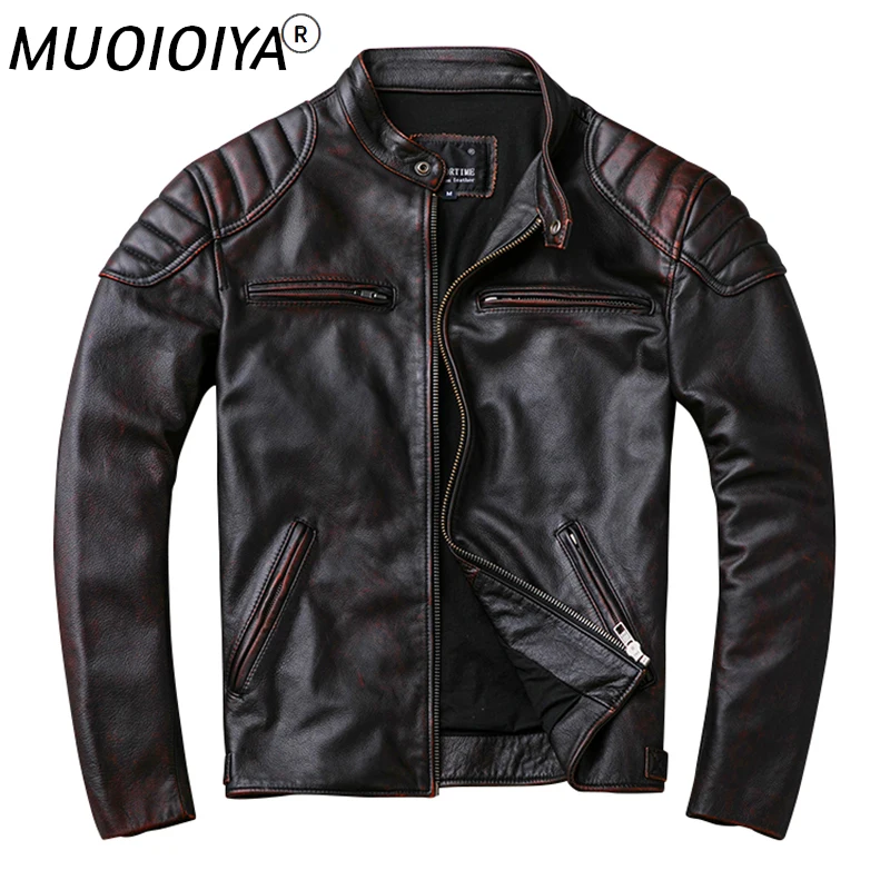

Мужская приталенная куртка из воловьей кожи, потертая и потертая мотоциклетная куртка в стиле ретро, жакет с воротником-стойкой