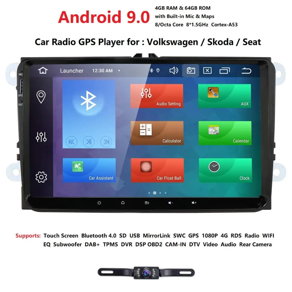 Android 9,0 8-ядерный 9 дюймов 2 din 4G+ 64G gps Автомобильный Радио плеер forvw passat golf 4 5 tiguan polo skoda fabia CC JettaDAB wifi