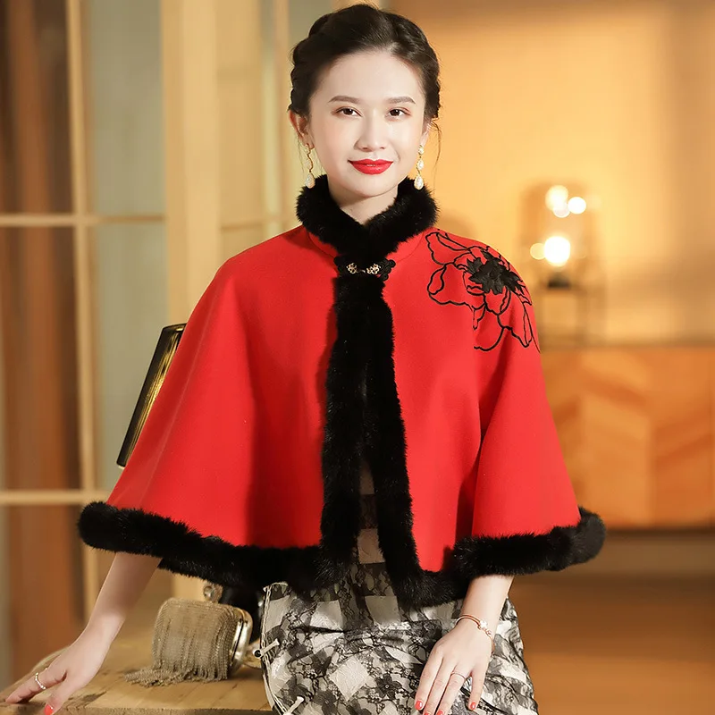 Zoulv Chinese Style Retro Women's Embroidered Black, Red, Big Raw Edge Mosaic Cloak Collar Winter Thick Shawl Coat