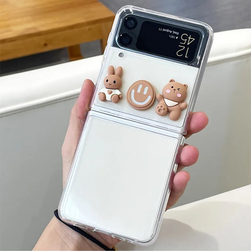 korea cartoon bear phone cases for samsung galaxy z flip3 5g f7110 transparent portable shell for galaxy zflip3 zflip 4g 5g etui free global shipping