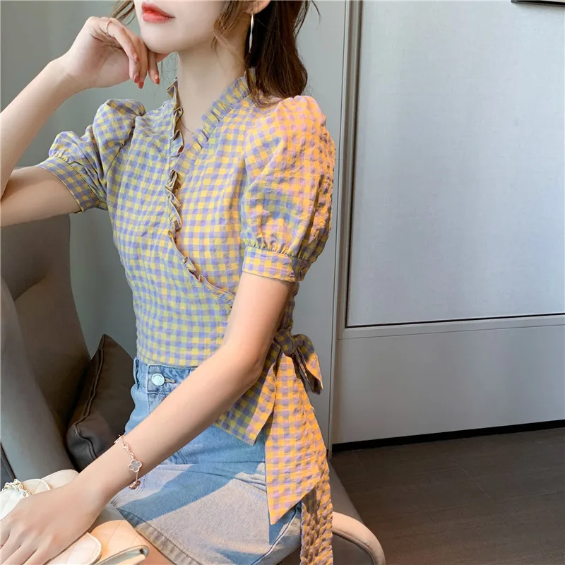 Блузка женская шифоновая с V-образным вырезом и рукавами-фонариками 2020 | Женская