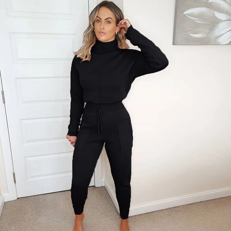 

New fashion high collar open navel sports casual simple style sweater suit 2 two piece set women knitted women's tracksuits