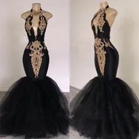 2021 Black Prom Dresses with Gold Appliqued Mermaid South Africa Formal Evening Gowns Halter Neck Sweep Train Occasion Party