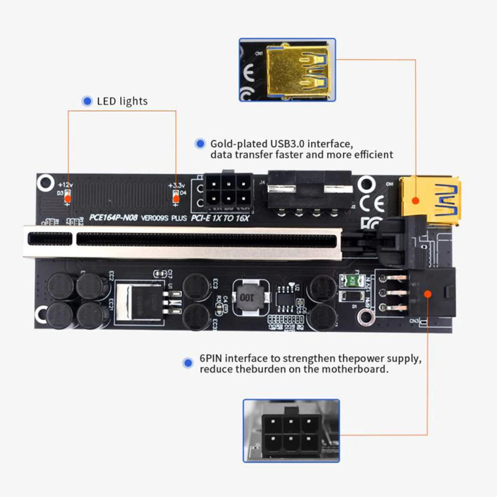 VER009 USB 3 0 PCI-E Riser VER 009S PLUS Express 1X 4x 8x 16x расширитель pcie Adapter Card SATA 15 pin to 6 Power New |