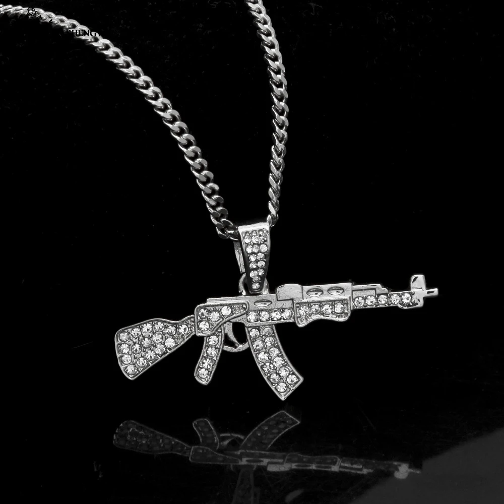 Fashion Punk Hip-Hop Gun Shape Pendant For Women Men Rapper Crystal Rhinestone Chain Necklace Creative Jewelry Colgante Hombre | Украшения