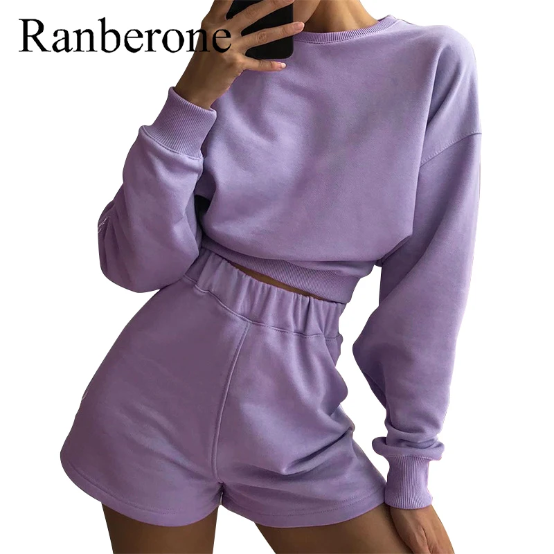 

Ranberone Sport Suit Female Solid Long Sleeve Oversize Hoodies Elastic Waist Sweatpants Shorts Ladies 2 Piece Outfit Tracksuits