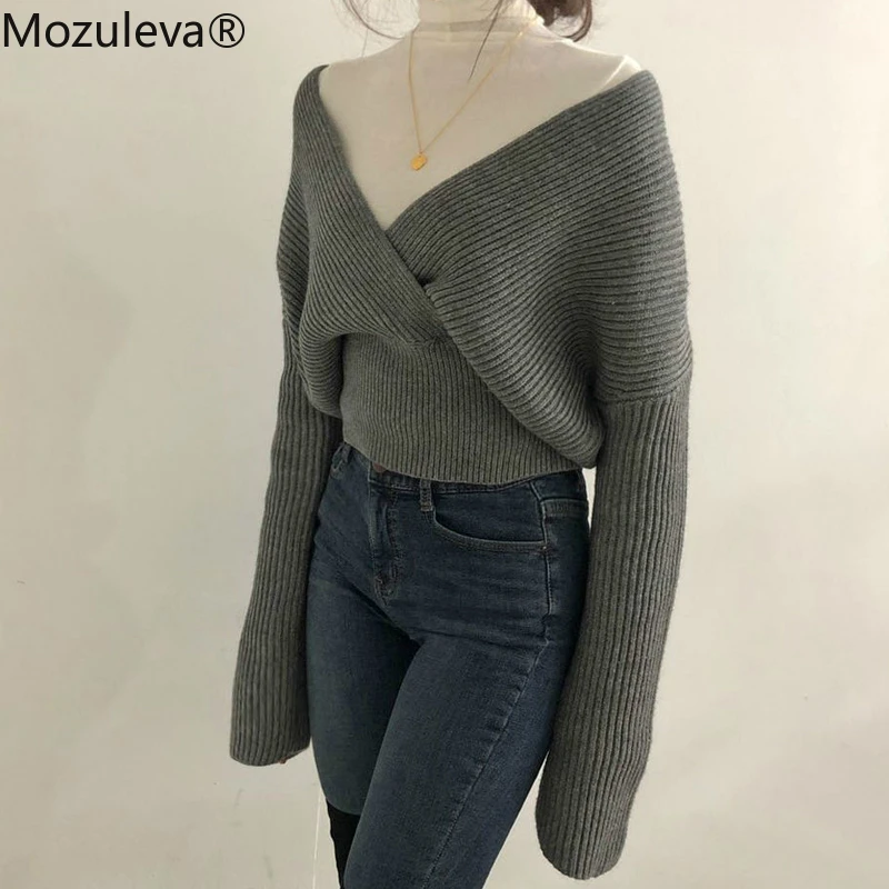 Mozuleva Sexy Fashion V-neck Cross Women Knitted Sweater Winter Loose Warm Female Pullovers Jumpers Knit Tops Short | Женская одежда