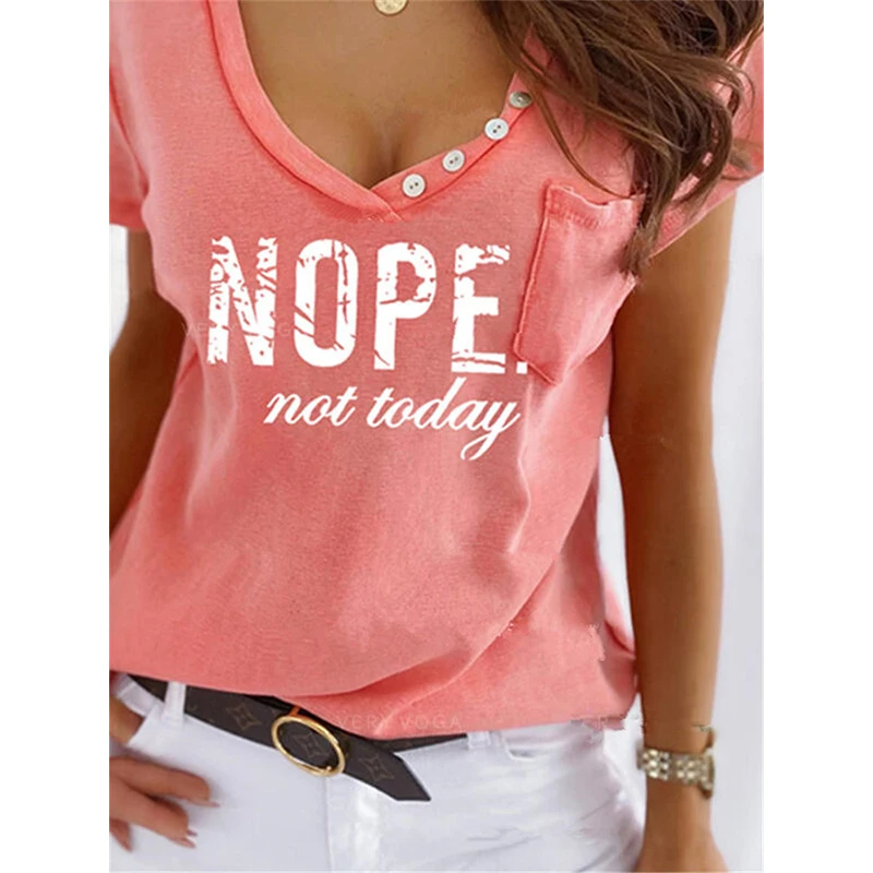 

V Neck Letter Print Short Sleeve Top Women Summer Sexy Casual Loose Shirt Tshirt Button Plus Size Oversize Clothing