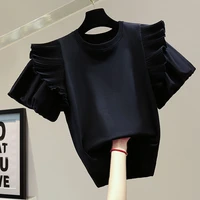 2022 summer new korean t shirt fashion solid color round neck pleated ruffle puff sleeve temperament simplicity casual