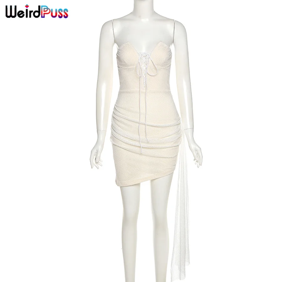 

Weird Puss Sexy Strapless Mini Dress Women Cotton Grid Bandage Two Tiers Slim Bodycon Summer Backless Folds Fashion Party Outfit