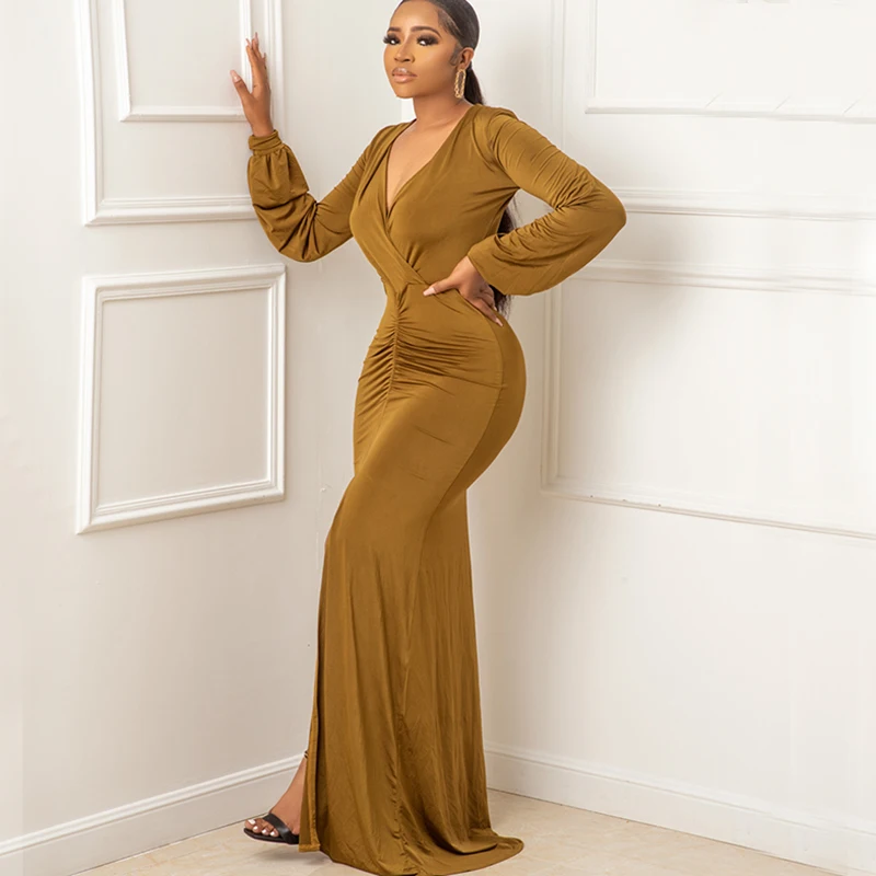 

Elegant Women V-neck Long Maxi Split Dresses Female Clothes Fashion Long Sleeve Solid Package Hip Evening Party Tunic Dress Robe