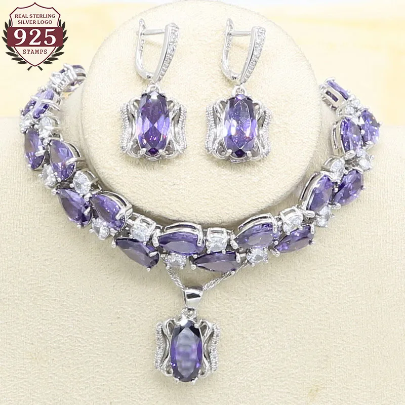 Роскошный набор украшений для женщин из фиолетового циркония серебристого цвета