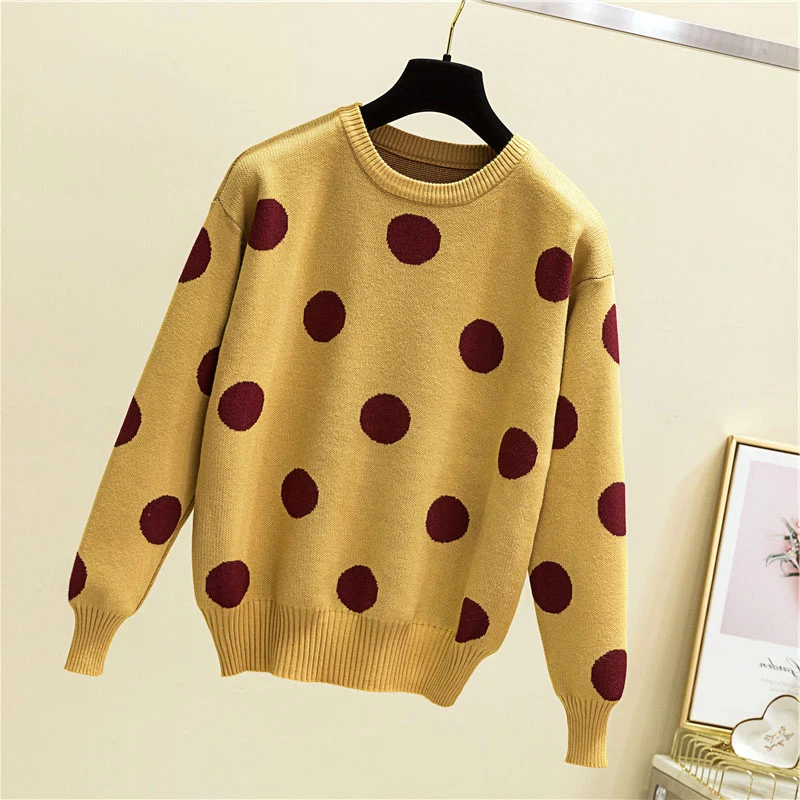 женский вязаный свитер в горошек SURMIITRO черный желтый джемпер с длинным рукавом