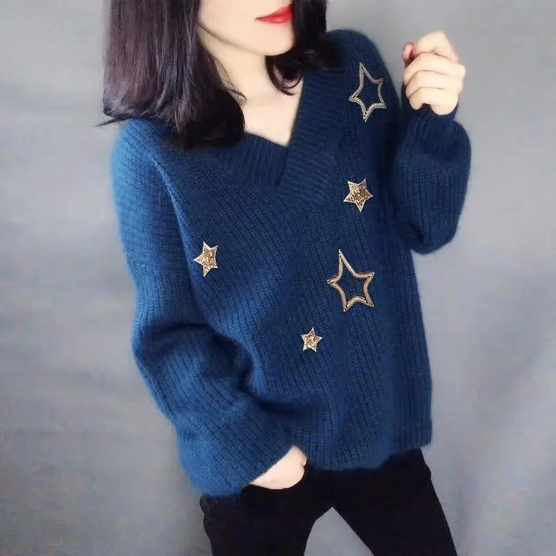 

New women's star high-end embroidered Sequin V-Neck Sweater thick loose version lazy super thin m