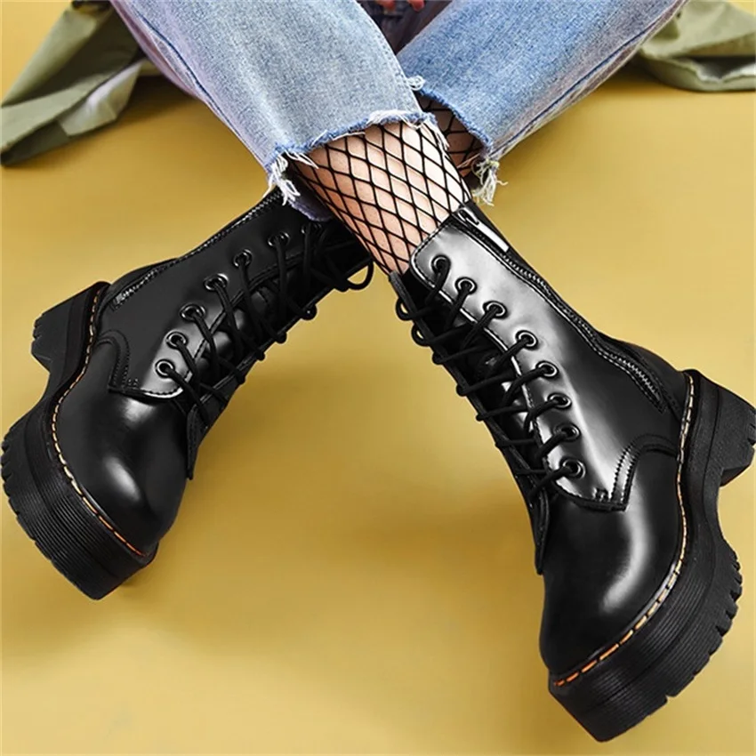 

Women Genuine Leather Increased Platform Boots Chaussures Female Ladies Luxury Brand Designer Goth Shoes Side Zipper Punk Boots