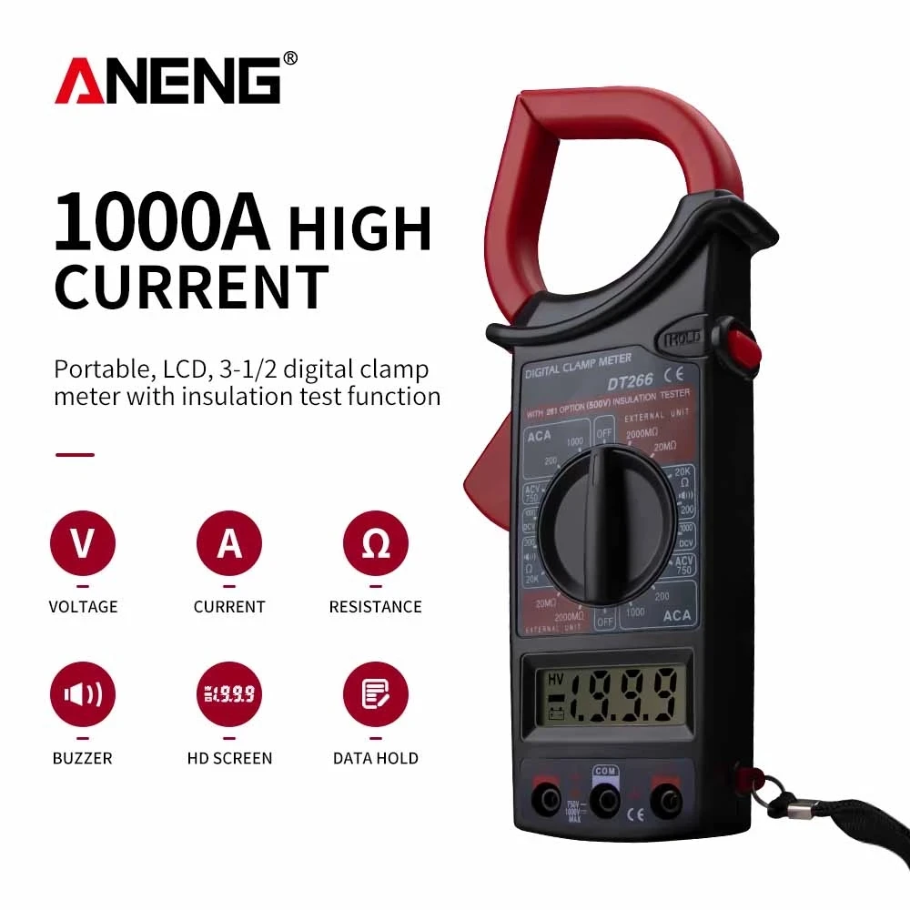 

ANENG DT266 LCD 1999 Count Digital True RMS Professional Clamp Meter AC DC Current Voltage Tester Multimeter Pliers ammeter