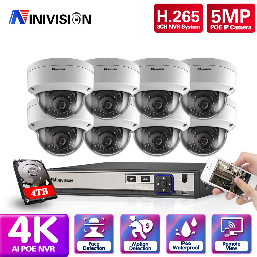 

Комплект наружного видеонаблюдения H.265, 8 каналов, 8 Мп, 4K, POE, сетевой видеорегистратор с ии, IP-камерой 5 МП, P2P