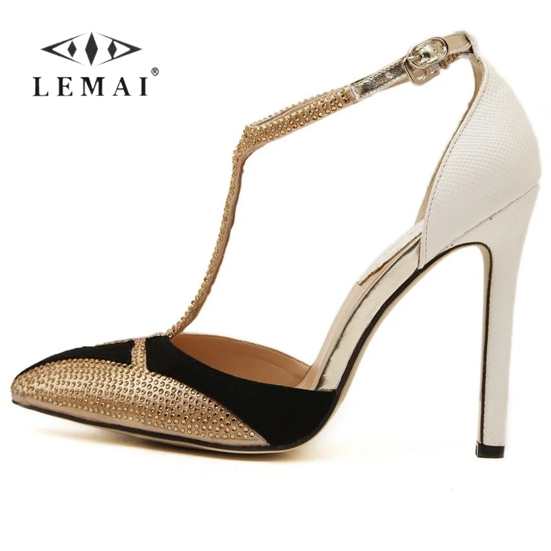 

Pointes Toe T-strap Pumps for Women Summer Party Wedding Stiletto High Heels Sandals Black Golden High-heeled Pumps Size 35-40