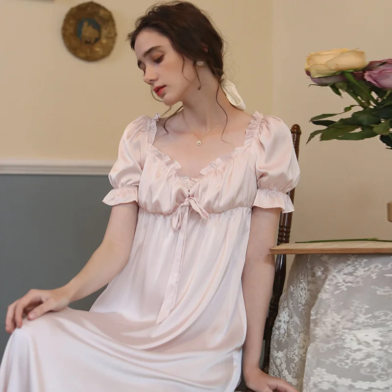

Blue Sweet Ruffles Bow Trim Nightgown Women's Sexy V-Neck Satin Nightdress Retro Princess Sleepwear Summer New Home Dress