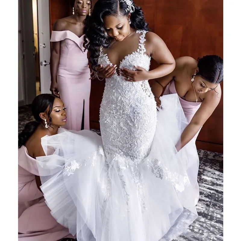 

White Lace Wedding Dress Mermaid Plus Size Floral Appliques Spaghetti Straps Sleeveless 2021 New African Bridal Gowns