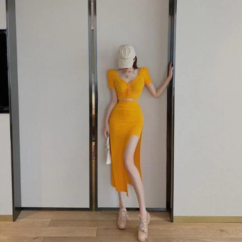 

Korean Style Women Tops Skirts Sets Solid Color Short Sleeve V Neck Women Tops Side Split Woman Skirt Sexy Women Sets