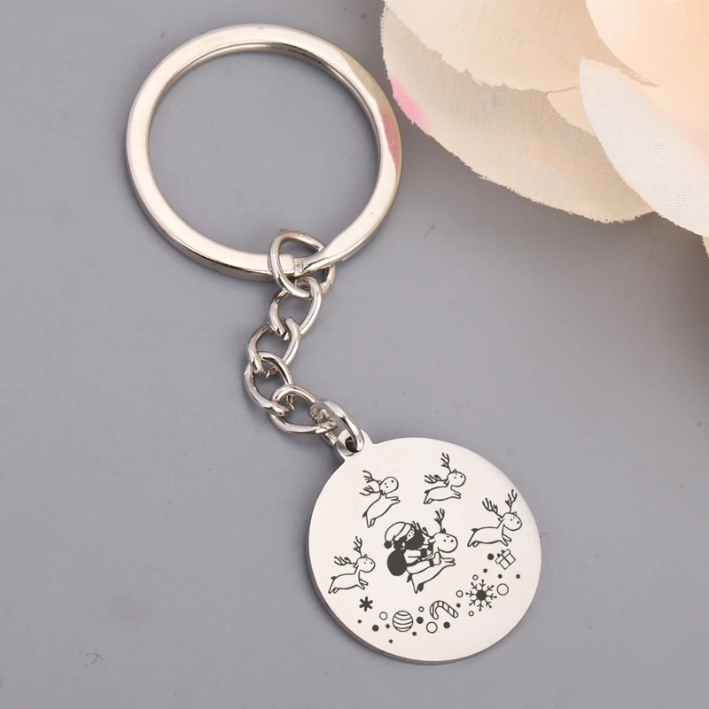 Stick Figure Santa Claus And Elk Dangle Round Keychain For Christmas New Year Exclusive Gift Tree Decoration | Украшения и