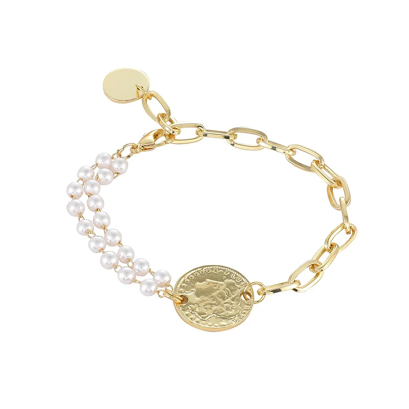 

TIMEONLY Creative Simulated Pearl Head Portrait Charm Bracelets for Women Gold Color Chunky Cuban Chain Asymmetric Bracelet Gift