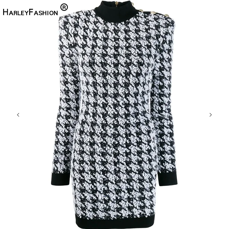 

HarleyFashion Luxury Design Women Houndstooth Tweed Staight Dress Turtleneck Stretchy Bling Bling Slim Casual Dress