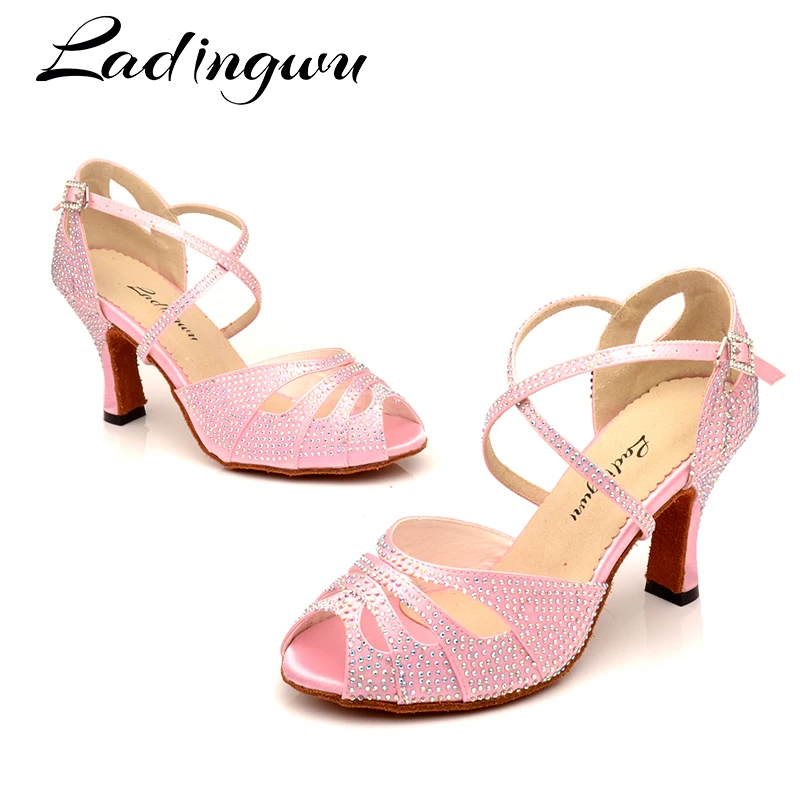 Ladingwu Rhinestone Dance Shoes Latin Salsa Girls Dark Green Light Gradient Women Pink Small mouth | Спорт и развлечения