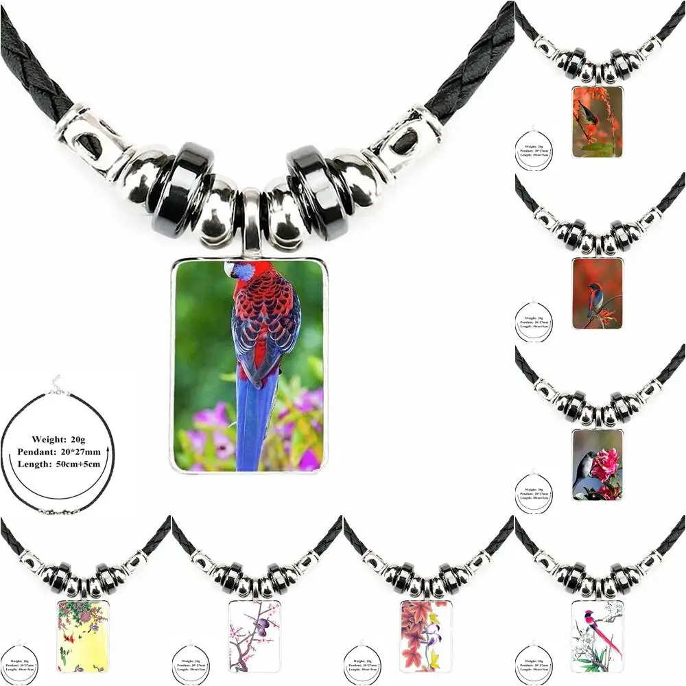 EJ Глянцевая красная Цветочная птица с деревянными черными кожаными бусинами