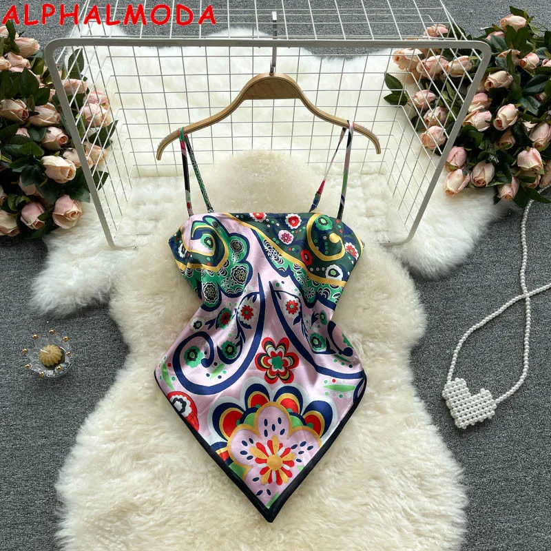 

ALPHALMODA 2021 Treny Print Top Women's Sexy Backless Strap Camis Scarf Tie Crop Top Beach Holidays Sexy All-matching Summer Top