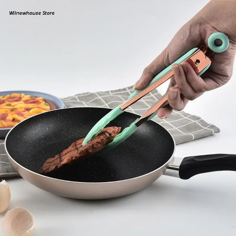

F62A Stainless Steel Silicone Tipped Kitchen Food BBQ Cooking Tongs 11 14 Barbecue Clamp Grill Tongs Non Stick Cookware