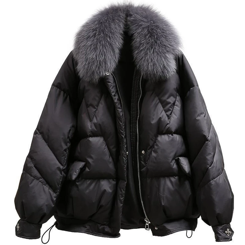 Big Fur Collar Padded Jacket Women Winter Thick Warm Short Parka Female Casual Streetwear Windproof Jacket Outerwear Winter