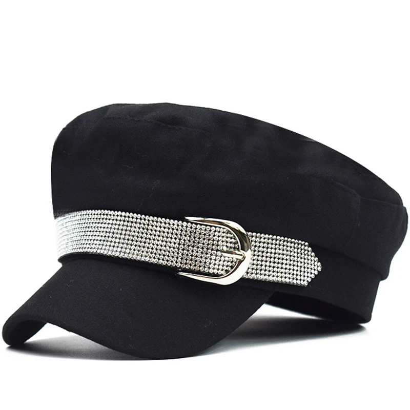 

Spring Autumn Chain Cotton Military Hat for Women Female Flat Army Cap Salior Hat Girl Ladies Travel Berets Black Painters Cap