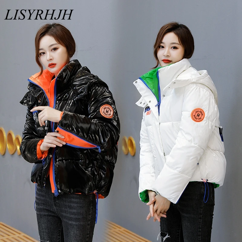 

LISYRHJH 2021 Autumn Women's Winter Coats Fashion Silver Hooded Parkas Winter Jacket Women Pockets Padded Cotton Coat