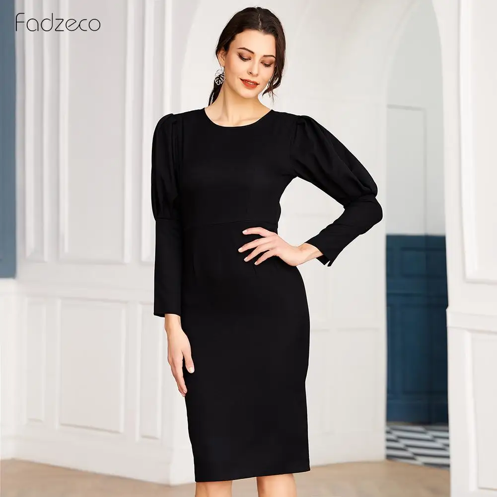Женское платье с разрезом Fanbety Черное вечернее до колена пышными рукавами